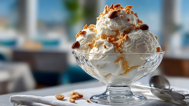 Refreshing scoop of vanilla bean ice cream topped with crunchy, salted peanuts, served in a classic glass dessert dish on a crisp white tablecloth.