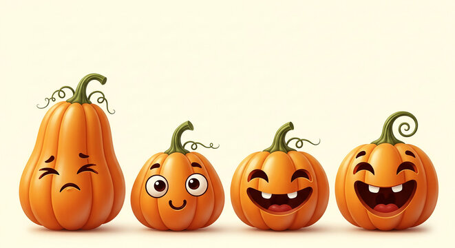 A row of four orange cartoon pumpkins with varied facial expressions, representing Halloween celebration, joy, and autumnal harvest season - Powered by Adobe