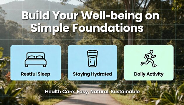 Well-being concept with simple foundations for a healthy lifestyle. Icons for restful sleep, hydration, and daily activity. Natural and sustainable health care infographic