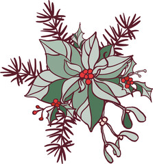 Happy New Year! Merry Christmas! A composition of isolated elements (illustrations) on the theme of the winter holidays in a vintage color scheme. Digital illustration with outline.