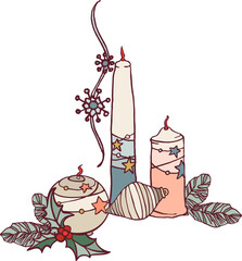 Happy New Year! Merry Christmas! A composition of isolated elements (illustrations) on the theme of the winter holidays in a vintage color scheme. Digital illustration with outline.