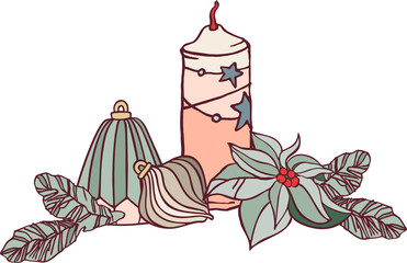 Happy New Year! Merry Christmas! A composition of isolated elements (illustrations) on the theme of the winter holidays in a vintage color scheme. Digital illustration with outline.