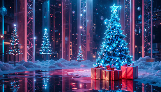 Festive Blue Christmas Tree with Gifts in Modern Snowy Holiday Scene