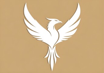 Angular White Phoenix Silhouette with Upward Wings on Light Brown Background