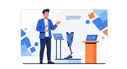 Innovative prosthetic limb showcase with presenter and interactive technology exhibit display