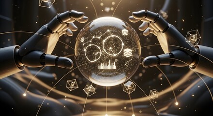 Robotic hand holding digital earth globe with network connections, artificial intelligence concept.