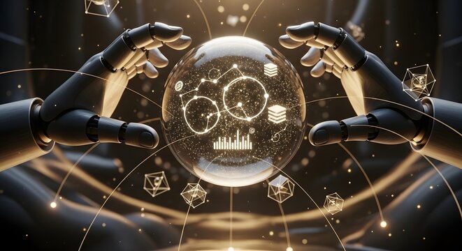 Robotic hand holding digital earth globe with network connections, artificial intelligence concept.