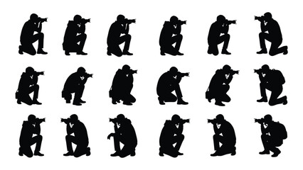 Crouching photographer silhouettes set isolated on white background, Vector
