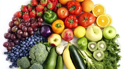selection. Circular arrangement of fresh fruits and vegetables on a clean white background with soft shadows. menu design.