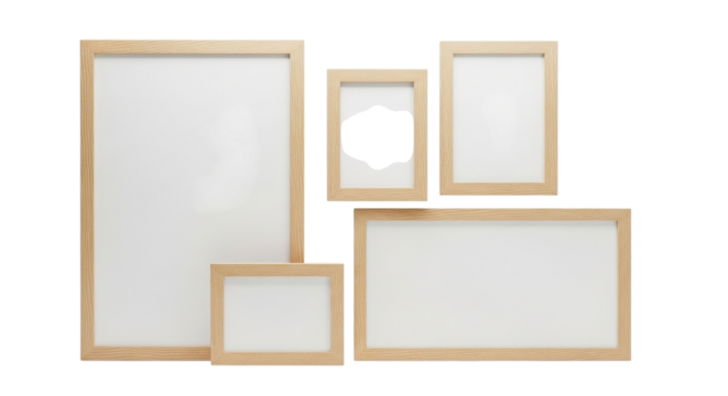 Collection of five empty wooden picture frames of various sizes, isolated on transparent background