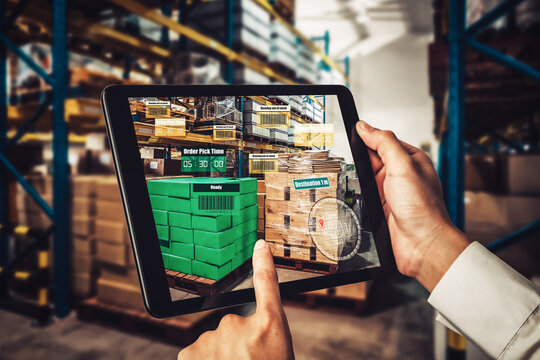 Smart warehouse management system using augmented reality technology to identify package picking and delivery . Future concept of supply chain and logistic business . - Powered by Adobe