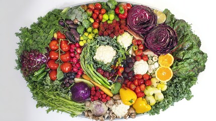 selection. Circular arrangement of fresh fruits and vegetables on a clean white background with soft shadows. menu design.