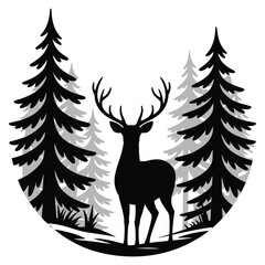 Majestic Deer in Snowy Pine Forest Vector Illustration – Peaceful Winter Wildlife Scene, Christmas and New Year Holiday Nature Silhouette Art with Evergreen Trees and Frosty Landscape © Parvez