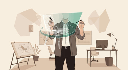 Interior designer creating a chair design using technology in his modern workspace studio