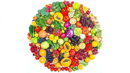 selection. Circular arrangement of fresh fruits and vegetables on a clean white background with soft shadows. menu design.