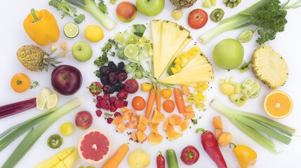 selection. Circular arrangement of fresh fruits and vegetables on a clean white background with soft shadows. menu design.