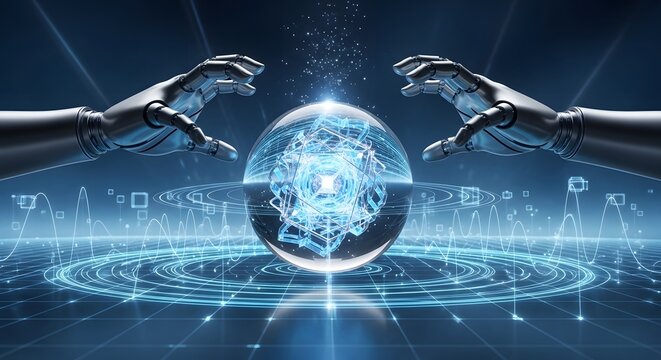 Robotic hands protect glowing digital earth globe, artificial intelligence network, future technology concept. - Powered by Adobe