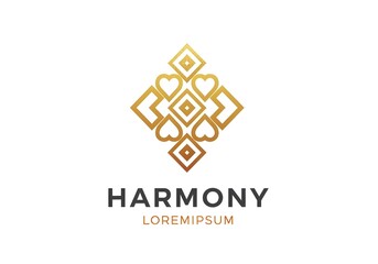 Harmony Logo with Gold Geometric Heart Motifs – Elegant Brand Identity