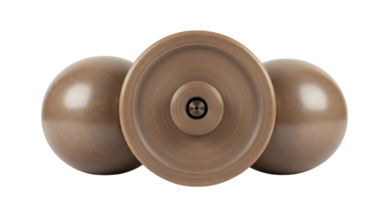 Close up of a beige yo yo with spherical ends on a black background in a studio setting
