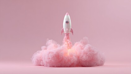 Pink rocket launching, smoke cloud