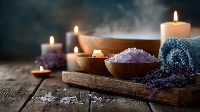 Serene spa ambiance featuring a warm bath with gentle steam rising, surrounded by glowing candles, bath salts, and a sprig of fresh lavender.