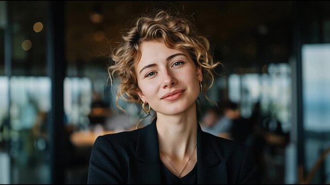 A confident woman in a modern office, showcasing professionalism and a positive attitude, ideal for business-related themes.