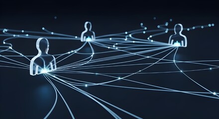 Three stylized human figures are digitally interconnected with glowing lines on a dark blue background, symbolizing network connections and data transmission in a futuristic style with luminous fiber