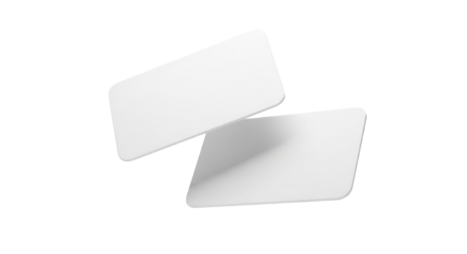 Two blank white rectangular cards floating in the air isolated on transparent background