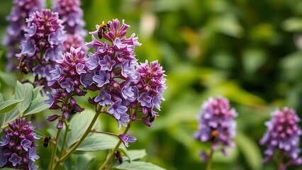 comfrey. A cluster of purple comfrey flowers in a garden attracting bees, with a blurred green background. gardening catalogs, home-decor guides, designed for gardening and botanical catalogs.

