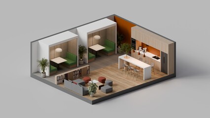 Modern Office Lounge With Cozy Booths, Breakout Seating, and Open Kitchen Interior - 3D Render
