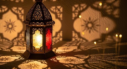 An ornate lantern casts intricate floral shadows across a textured surface, creating a warm, inviting ambiance with its glowing red, yellow and blue panels and detailed metalwork in a still life