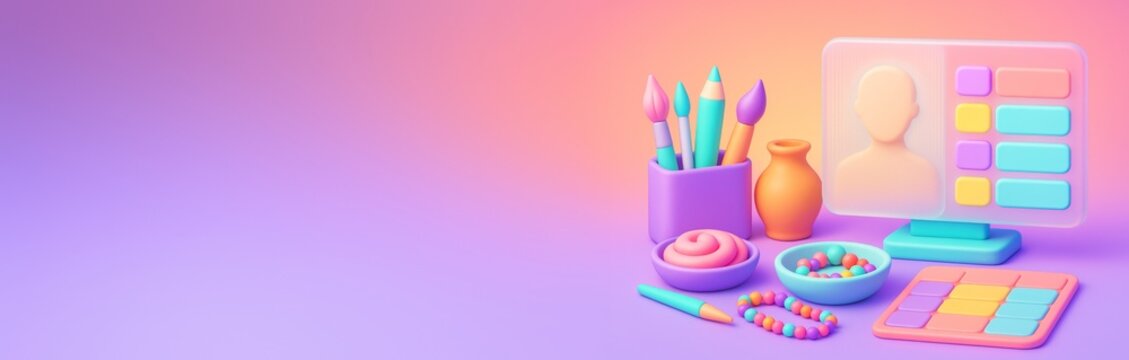 Creative workspace with digital tools, art supplies, and pastel computer interface on colorful background for design or advertising concept. Ai generative - Powered by Adobe