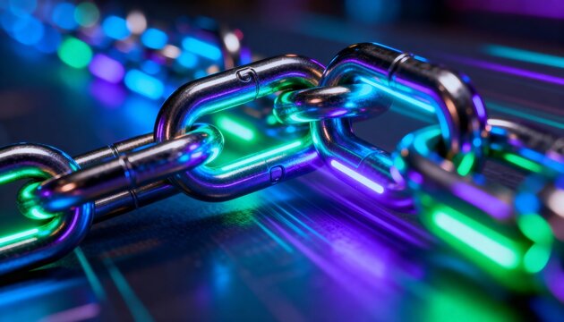 A metal chain with glowing neon lights representing blockchain technology. Futuristic concept of cryptocurrency, web3, and digital network security