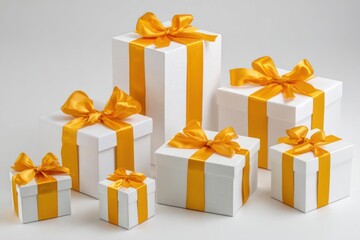 A festive arrangement of assorted white gift boxes adorned with vibrant yellow ribbons and bows on a clean white background