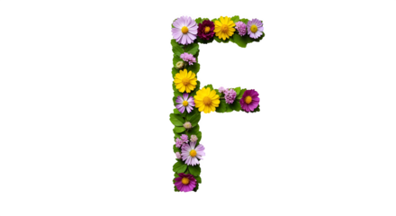 Letter f formed from a variety of colorful flowers and green leaves on a black background design element