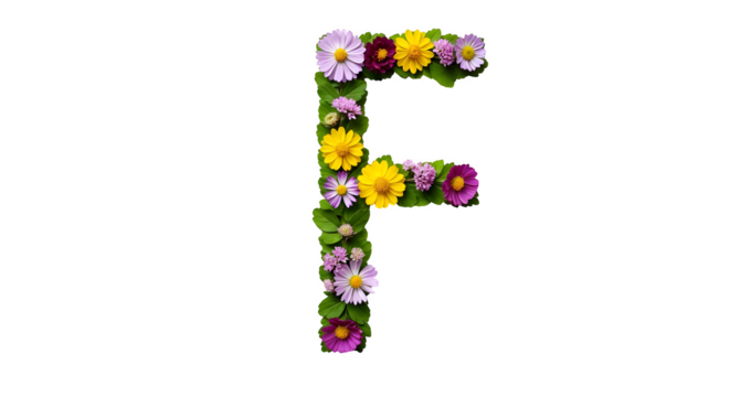 Letter f formed from a variety of colorful flowers and green leaves on a black background design element