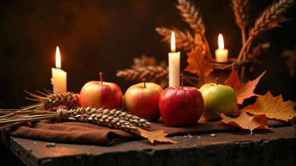 Fresh red and green apples with wheat sheaves, autumn leaves, and lit candles on rustic table, representing harvest abundance and cozy seasonal celebration