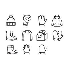 Winter Clothing Icons Set – Hat Gloves Jacket Boots Minimal Line Vector Pack