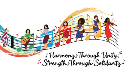 Diverse women musicians playing instruments together, creating beautiful music, showcasing unity and strength through solidarity