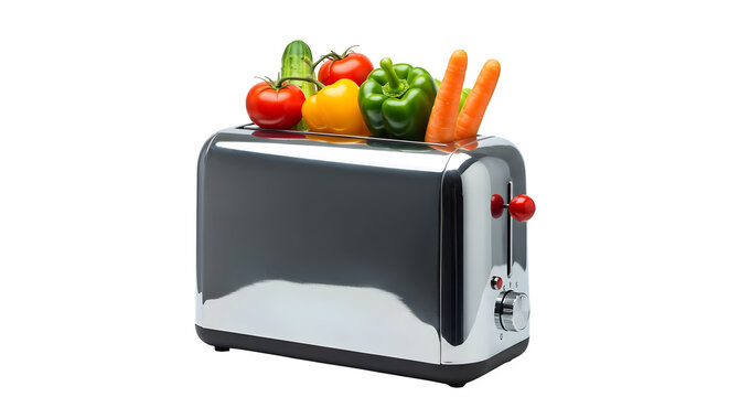 A shiny toaster filled with colorful vegetables including tomatoes carrots and bell peppers on black - Powered by Adobe