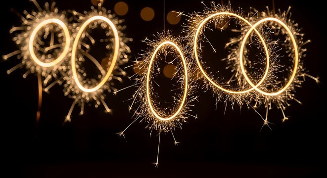 Sparkler light painting creates luminous golden rings and abstract bursts of light against a dark background - Powered by Adobe