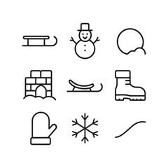 Winter Holiday Activity Icons – Snowman Sled Igloo Boot Outline Vector Pack