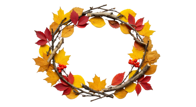 Autumnal wreath made of colorful leaves and twigs on a black background with red berries accents