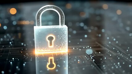 Futuristic digital padlock symbolizing cybersecurity on a glowing circuit board background - Powered by Adobe