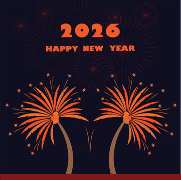 fireworks celebration with twin orange palm bursts and 2026 text
