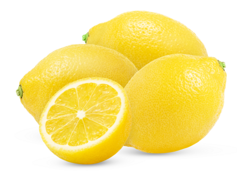 Heap of lemon fruits and half isolated. Three lemons and cut with clipping path.
