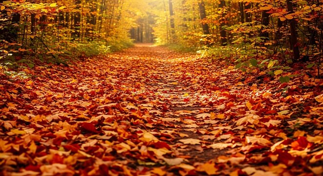 A picturesque autumn landscape showcasing a peaceful forest path adorned with brilliant red, orange, and yellow leaves, leading into a warm, sunlit clearing