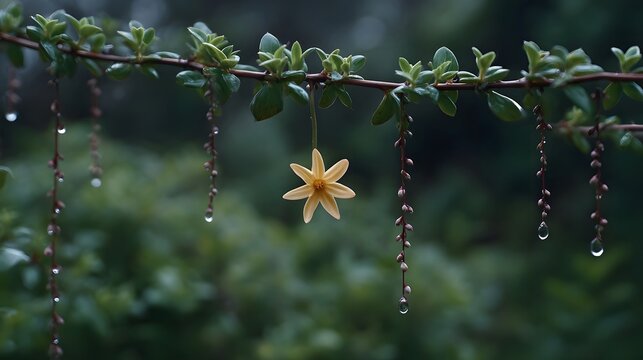 A delicate yellow star flower hangs in a misty garden adorned with water droplets on hanging tendrils
