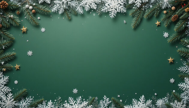 Festive Christmas Frame with Green Background Pine Branches Snowflakes and Gold Stars