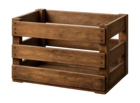 A wooden crate display for showcasing fresh garden produce at a roadside stall.